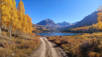 Dirt road leading to a mountain lake framed by golden aspen trees in autumn 