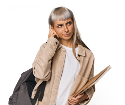 Caucasian young student with books covering ears with hands.
