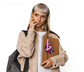 Young erasmus student with books biting fingernails, nervous and very anxious.