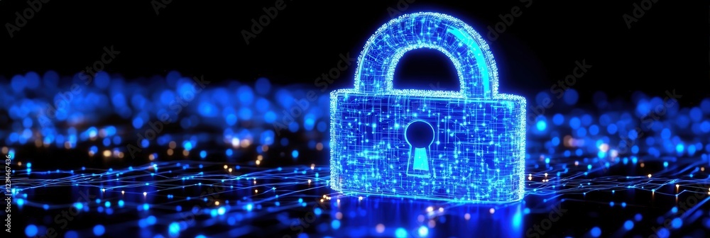 Poster digital blue padlock icon glowing against a cyber network background with matrix-like data patterns 