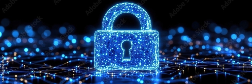 Poster glowing blue digital padlock icon representing cybersecurity and network protection in a futuristic 