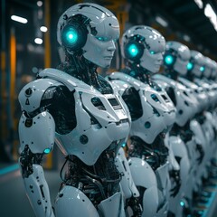 Fototapeta premium Rows of futuristic robots standing in formation, symbolizing AI or automation. Perfect for technology and sci-fi themes.