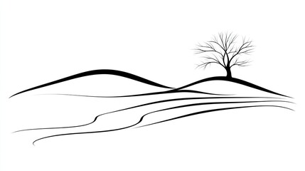 Fototapeta premium Minimalist winter landscape illustration lone tree on hill, flowing lines, white background, design element
