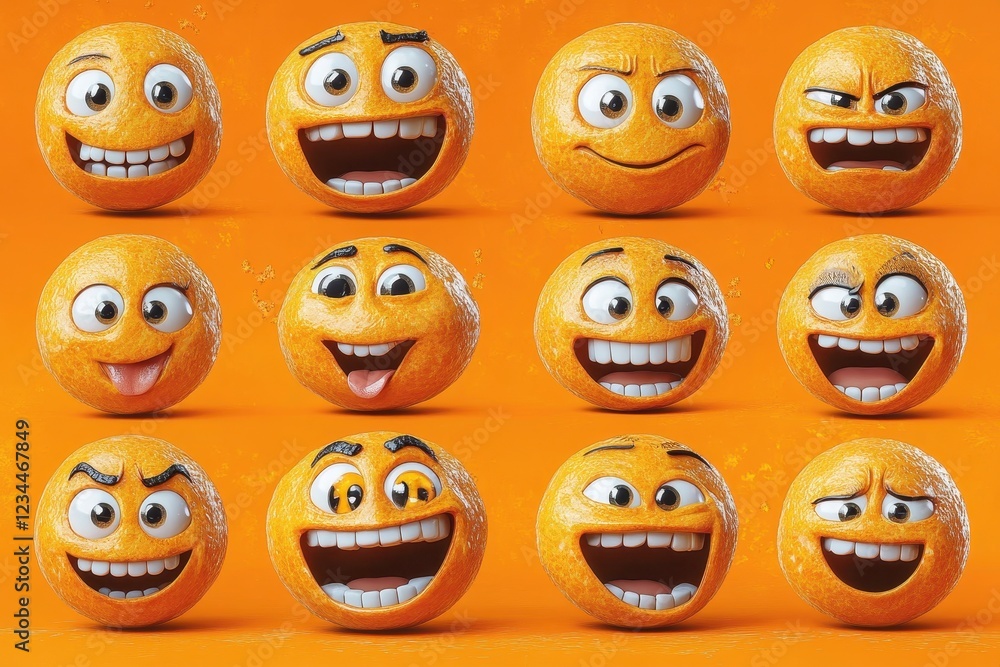 Poster a grid of animated orange emojis displaying various facial expressions.