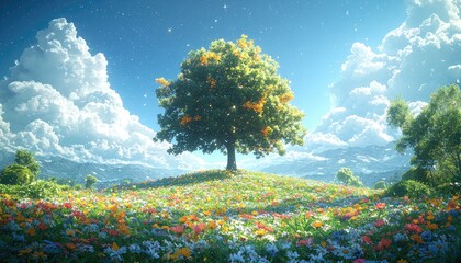 Serene Tree Stands Tall In Vibrant Flower Meadow Landscape