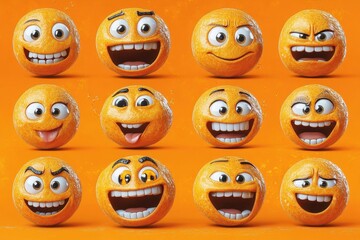 Obraz premium A grid of animated orange emojis displaying various facial expressions.