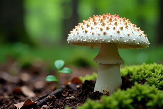 Large Amanita caesarea mushroom cap on forest floor, white, fungi
