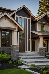 Obraz premium Modern Luxury Home Exterior with Stone and Wood Accents. Contemporary Architecture, Residential Design, Real Estate