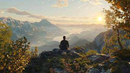 A serene sunrise meditation on a mountaintop, with a person sitting cross-legged, immersed in the calm beauty of nature.