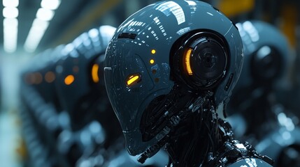 Fototapeta premium Rows of futuristic robots standing in formation, symbolizing AI or automation. Perfect for technology and sci-fi themes.