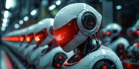 Fototapeta premium Rows of futuristic robots standing in formation, symbolizing AI or automation. Perfect for technology and sci-fi themes.