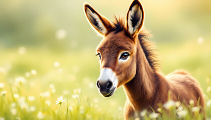 Adorable Donkey Foal in Sunny Flower Field