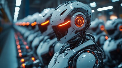 Fototapeta premium Rows of futuristic robots standing in formation, symbolizing AI or automation. Perfect for technology and sci-fi themes.