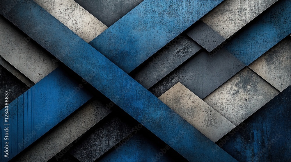 Poster blue, gray, and white intersecting textured rectangles. background is more rectangles. use backgroun