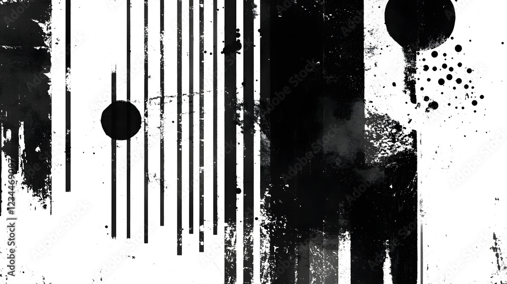 Poster Visually striking monochrome abstract geometric composition featuring bold lines patterns and textures in a dark moody and atmospheric setting  The image evokes a sense of minimalism experimentalism