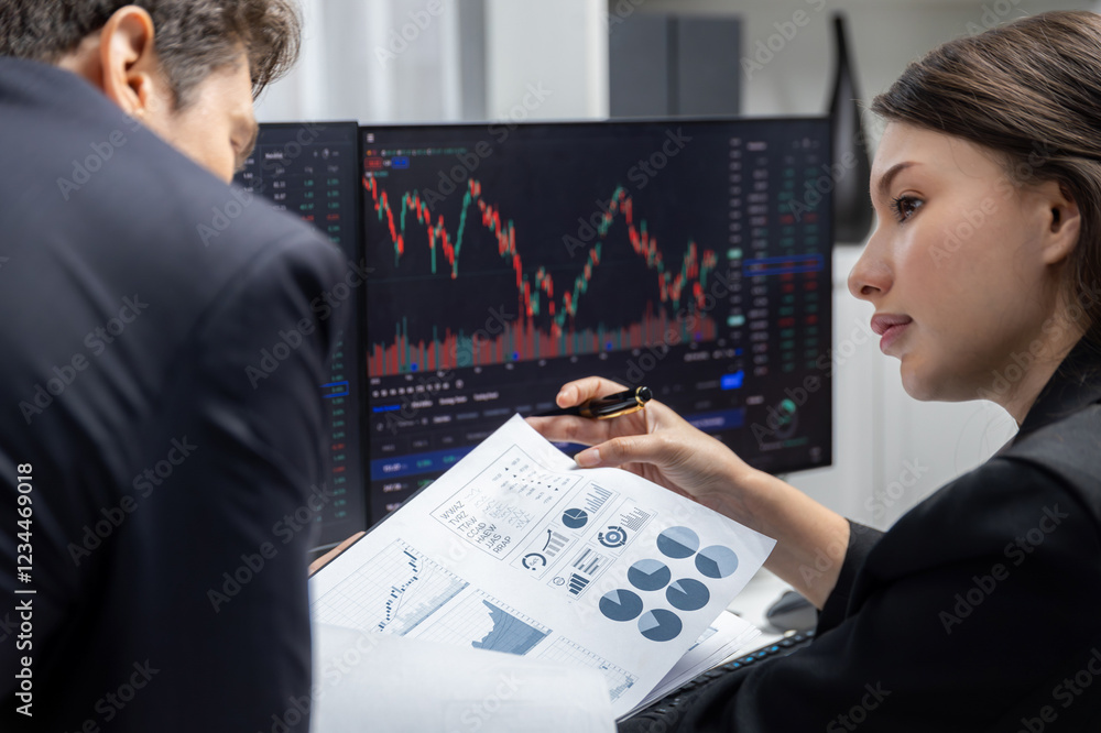 Poster two business traders discussing value business statistic graph company on paper report analyzing wit