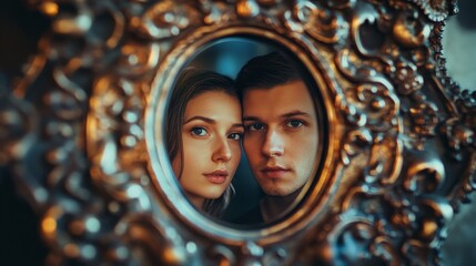 Reflection of a Couple in an Ornate Vintage Mirror Frame