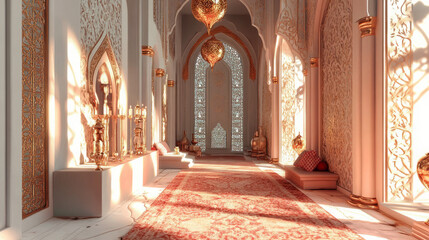 luxurious moroccan islamic architecture interior design with ornate gold and white accents in grand arabian palace corridor featuring intricate arabic art details and elegant decor