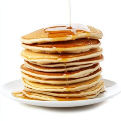 A stack of fluffy pancakes with maple syrup cascading down, isolated white background, pop art style