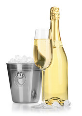 Champagne and bucket with ice isolated on white