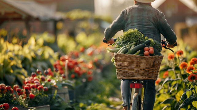A cyclist delivering fresh, farm-grown vegetables to local residents, promoting sustainable transport and access to healthy food.
