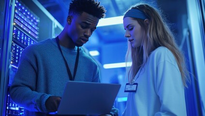 Two IT specialists examine a laptop in a server room.