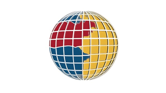 Stylized Red, Blue and Yellow Globe with Grid Overlay on White Background