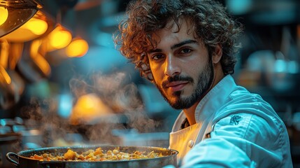 Obraz premium Intense Chef Portrait in a Vibrant Kitchen Setting