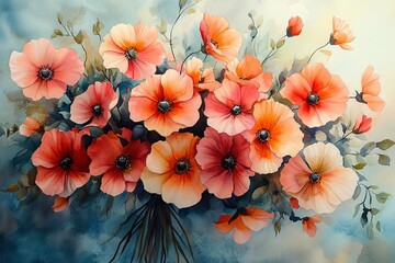 Bouquet of red and orange flowers on watercolor background, for nature or gift use