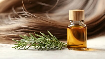 Fototapeta premium A bottle of hair oil placed on a wooden table with fresh rosemary leaves next to it.