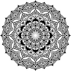 Mandala. Decorative round ornament white on black. T-shirt, business card design. Zen art design. Hand drawn round geometry ornament. Islam, Arabic, Indian style