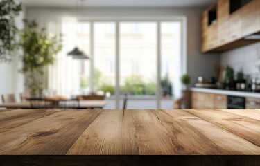 Empty wooden table in blurred modern kitchen with large window.