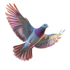Fototapeta premium A pigeon with iridescent green and purple feathers on its neck is captured mid-flight with wings fully spread against a white background.