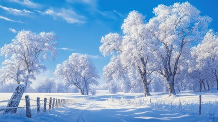 Snowy winter landscape, trees frosted, sunlit path, peaceful scene; ideal for winter cards