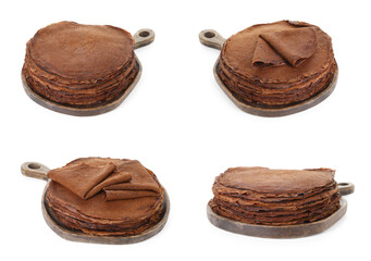 Stack of delicious chocolate crepes on white background, collage