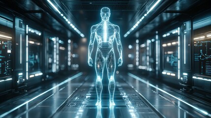 Holographic human anatomy in futuristic lab with data screens