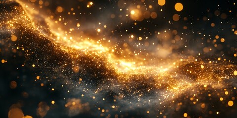 Naklejka premium Golden stars scattered on a glittery dark surface with glowing lights. Perfect for festive or celebration themes.