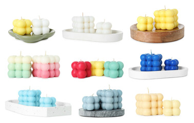 Different trendy bubble candles on white background, set