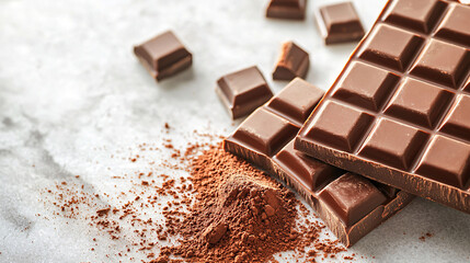 foods high in magnesium concept. Rich Chocolate Bar and Cocoa Powder on Marble Surface