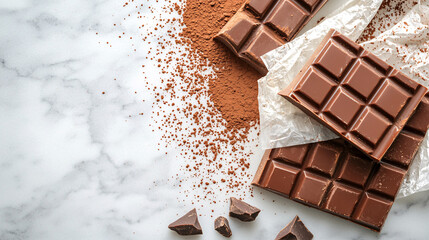 foods high in magnesium concept. Rich Chocolate Bars and Cocoa Powder on Marble Surface