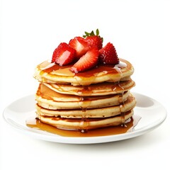 A stack of fluffy pancakes with strawberries and syrup, isolated white background, pop art style