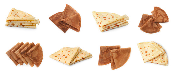 Different tasty crepes on white background, set