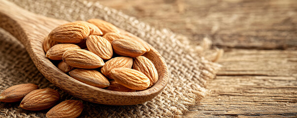 foods high in magnesium concept. Almonds on Wooden Spoon with Rustic Background