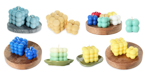 Different trendy bubble candles on white background, set