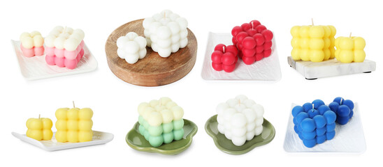 Different trendy bubble candles on white background, set