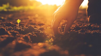 Family Engaging in Gardening, Planting Seeds in Vibrant Landscape
