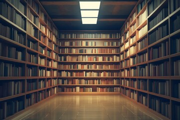 Cozy Modern Library Interior with Wooden Shelves and Bright Lights