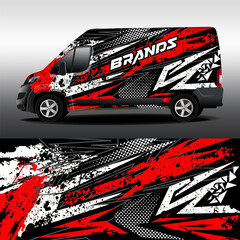 Cargo van wrap designs. Graphic abstract red and white grunge stripes for car branding. Modern camouflage design for vinyl vehicle wrap.