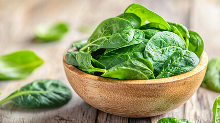 foods high in magnesium concept. Fresh Spinach Leaves in Wooden Bowl on Tabletop