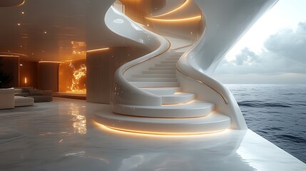 Obraz premium Modern luxury yacht interior with a spiral staircase, ocean view.